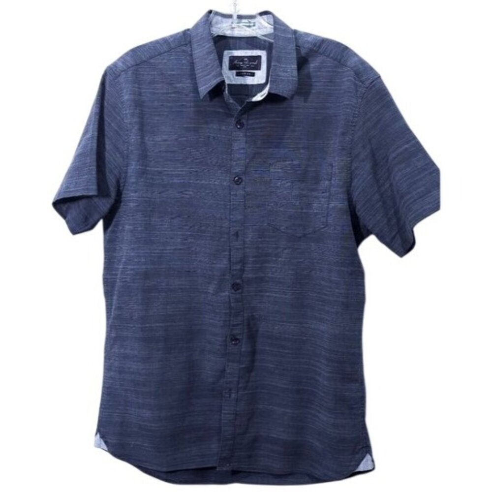 Across The Pond Men's Large Navy Blue Striped S/S Button-Up Shirt With Pocket